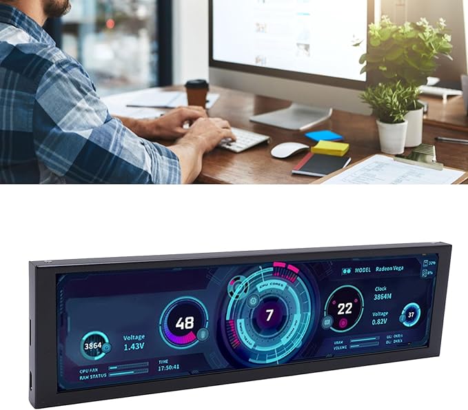 Zunate 8.8 Inch Computer Secondary Display 1920x480 Mini PC Monitor with Type C PH Interface Aluminum Alloy Housing Auto Play Rotation Low Power Use