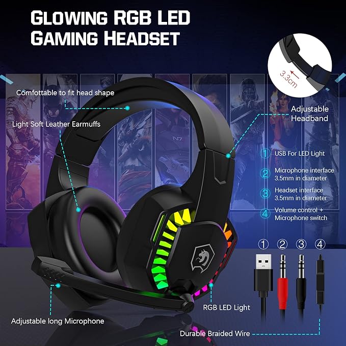 Wired Rainbow LED Backlit Keyboard and Mouse Over Ear Headphone with Mic Gaming Mice and Pad for PC Xbox and PS4 (Black/White)