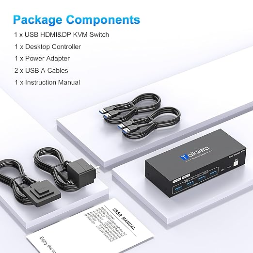 Kvm Switch 2 Monitors 2 Computers 4K@60Hz HDMI Displayport Dual Monitor KVM Switches 2 Ports for 2 PC Share Mouse Keyboard and 2 Screens with 4 USB 3.0 Cables and Extended Controller