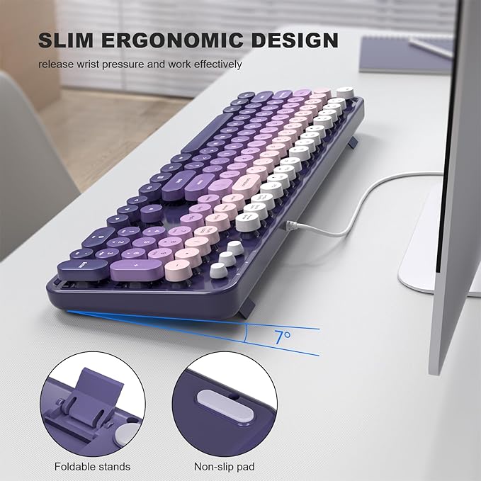 Computer Keyboard Wired Plug and Play USB Retro Round Typewriter Keyboard Full Size Wired Keyboard with Foldable Stands for Laptop and Office PC- Purple Gradient