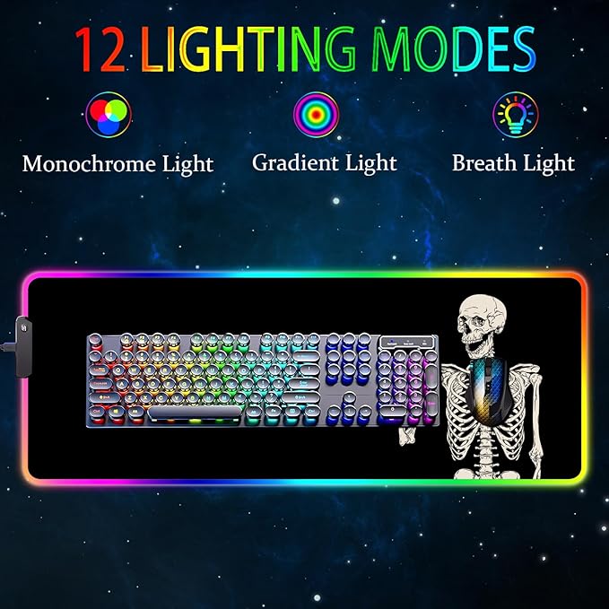 RGB Gaming Mouse Pad Large Mousepad with Led Light Big Keyboard Pad Gaming Accessories for Desk Non-Slip Rubber Base Black Human Skeleton Mouse Mat for Gamer 31.5 X 11.8 Inch