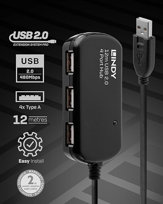 LINDY 12 Meter USB 2.0 Active Extension Pro 4 Port Hub (42783)