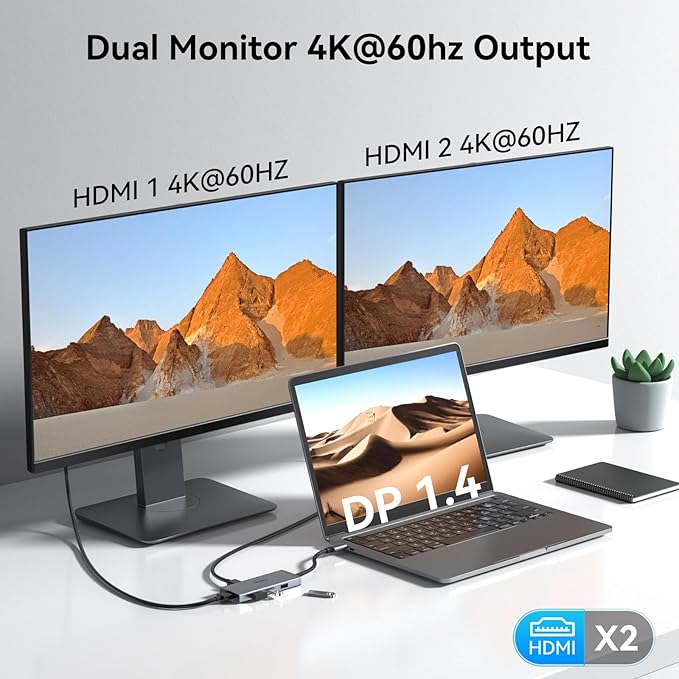 USB C Docking Station Dual HDMI Monitor 4K 60 Hz USB C to Dual HDMI Adapter with 2 hdmi Ports USB-C Hub 2 Monitors with 3 USB Port PD Charging Compatible for Dell XPS HP Surface etc