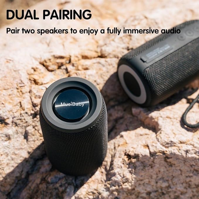 MusiBaby M68 Portable Bluetooth Speaker – Wireless Waterproof Sound for Home and Outdoor Use – Deep Bass Dual Pairing 24H Playtime Compact Design (Black)