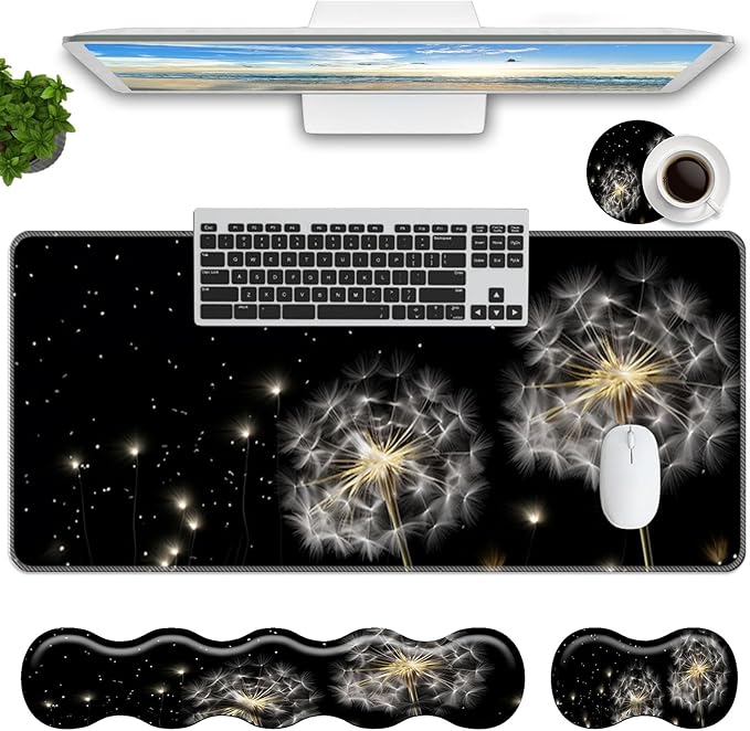 Keyboard Mouse Pad SetLarge Mouse Pad+Keyboard Wrist Rest+Wrist Support+Coaster31.5x11.8in Extended Desk Mat for Computer Laptop Office Home-Dandelion