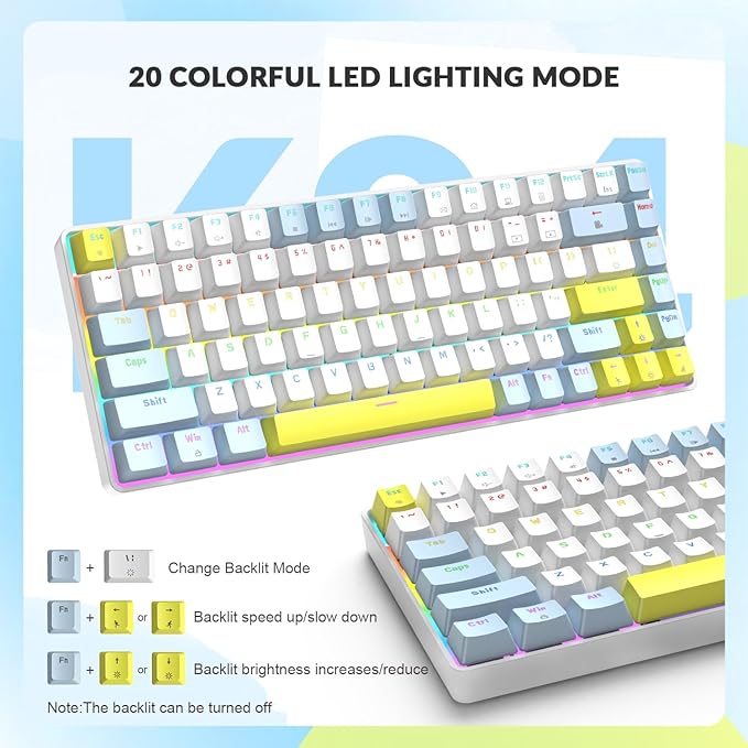 LexonElec RK-84 Portable Mechanical Gaming KeyboardRainbow LED Backlit Compact 84 Keys Mini Wired Office Keyboard with Red Switch for Windows Laptop PC Mac-White/Blue/Orange