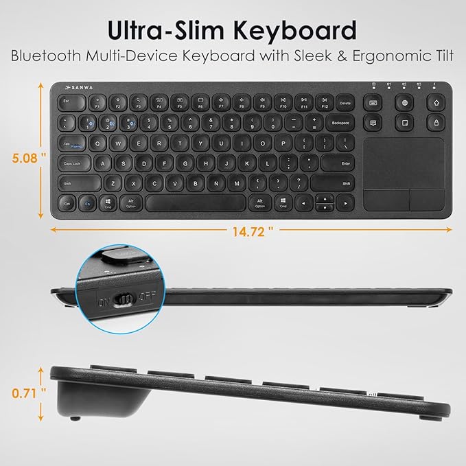 SANWA Multi Device Bluetooth Keyboard with Touchpad Rechargeable Keypad with Trackpad for Laptop Desktop Computer PC iPad/iPhone Tablet Compatible with MacBook Windows Android iOS Black