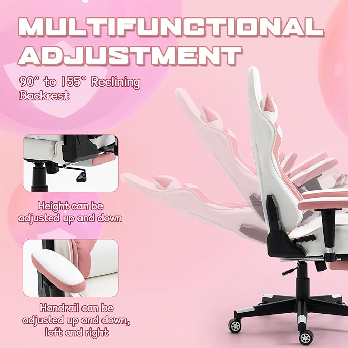 Massage Gaming Chair w/Footrest Video Racing Chair PC High Back Desk Computer Chair PU Leather Recliner w/Headrest and Lumbar Pillow Pink-White