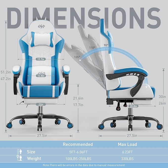 HLDIRECT Gaming Chair Ergonomic Video Game Seat with 360° Swivel &amp Lumbar Massage Computer Chair PU Leather Cushion for Adults Home/Office Use (Whtie &amp Blue)