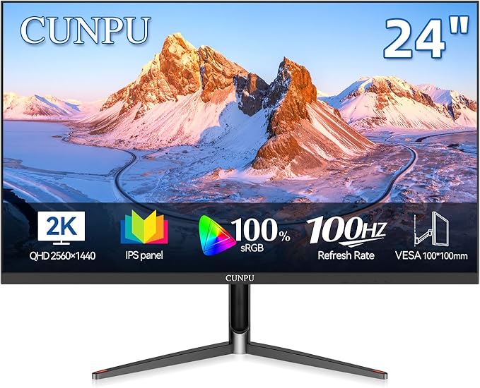 24 Inch 1440P MonitorQHD 100Hz IPS Monitor 99% sRGB Color Gamut16.7 Million Color Adaptive Sync Slim Frame HDMI/DP VESA Mountable for Gaming and Office