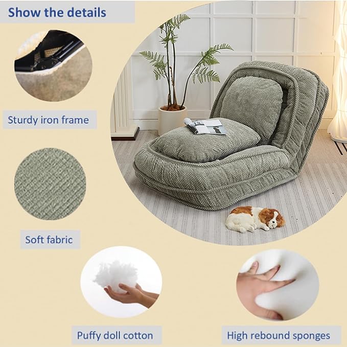 Floor Chair with Back Support Folding Sofa Chair with 5 Adjustable Position Plush Floor Gaming Chair Meditation Chair for Lazy Boys Human Dog Bed for Living Room Bedroom Lounge Green