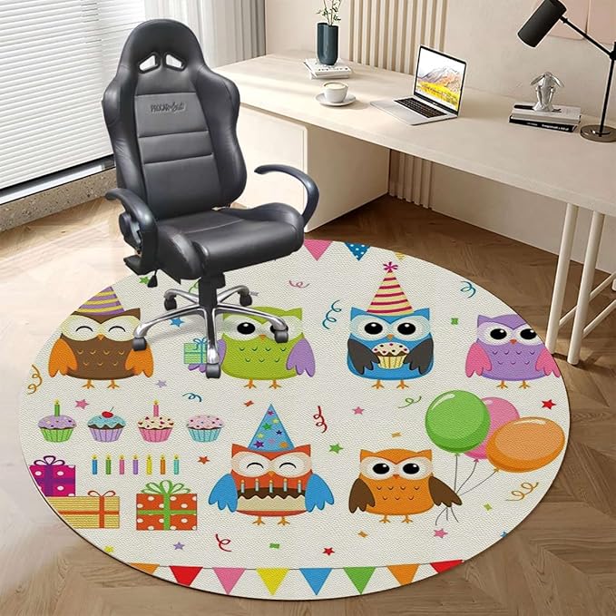 Pink Blue PU Leather Chair Mat for Hardwood &amp Tile Floor Cartoon Birthday Party Owl Desk Chair Mat Large Anti-Slip Floor Protector for Home Office Birthday Party Diameter 47.2 in