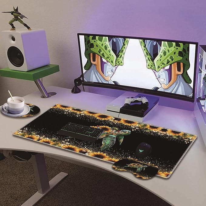 Extended Non-Slip Mouse Pad + Mouse Wrist Rest + Lace-Shaped Coaster Set Ergonomic Design Suitable for Desk and Home Gaming Table Mat Starry Night and Turtle Sunflowers