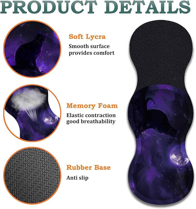 Large Gaming Mouse Pad + Wrist Rest + Lace Coaster Non-Slip Set with Sewn Edges and Waterproof Expandable Desktop Pad Suitable for Office/Home Black Cat and Purple Moon