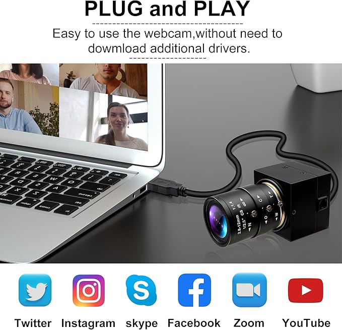 1080P USB Camera with 2.8-12mm Varifocal Lens 0.01Lux Low Light Webcam H.264 IMX323 Computer Camera for Video Conference Plug &amp Play for Windows/Linux/Mac