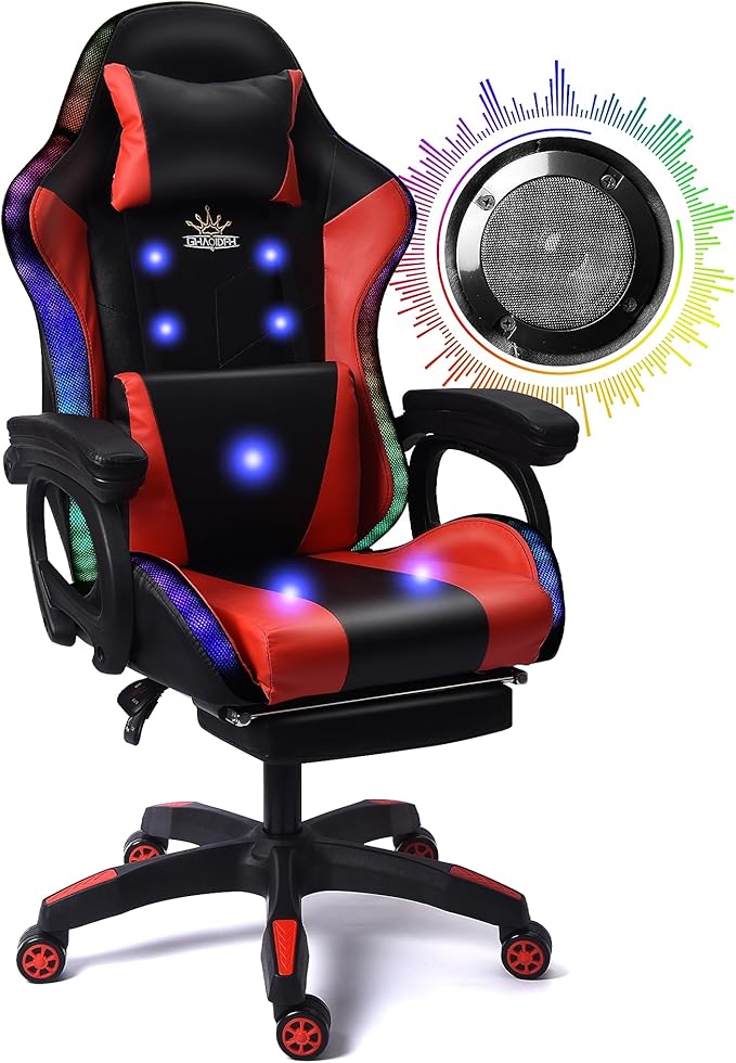 Enhance Your Gaming Experience with Our Ergonomic Reclining Gaming Chair with RGB LED Lights Massage and Dual Speakers - Perfect for Adults Teens and Kids! (Black + Red)