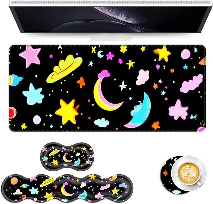 Keyboard Mouse Pad Set Extended Gaming Mouse Pad+Ergonomics Keyboard Wrist Rest Support Memory Foam Easy Typing Pain Relief 4Pcs XL Ultra Thick Desk MatSpace Stars Moons Clouds