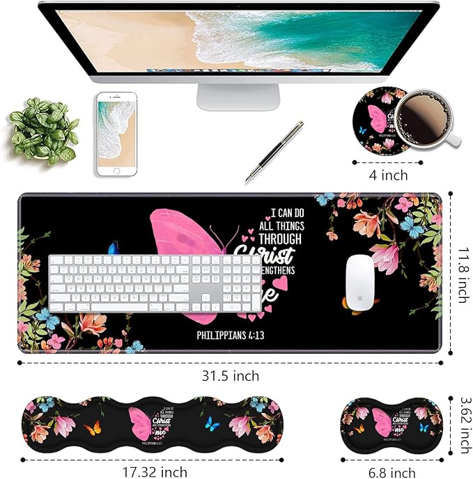 Ergonomic Keyboard Wrist Rest &amp Mouse Pad Wrist Rest SetLarge Gaming Desk Mat 31.5x 11.8 with Memory FoamEasy Typing Pain Relief for Home OfficeFloral Butterfly Quote Bible Verse Philippians