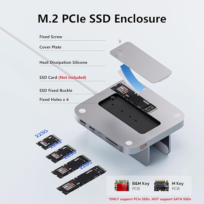 Mac mini Hub M1 M2 with M.2 SSD Enclosure (NOT for M4 2024) 8-in-1 Vertical Mac mini Dock Stand with USB A/C 3.2 10Gbps 2 x USB A 2.0 SD/TF Slots 3.5mm Audio Mic Jack