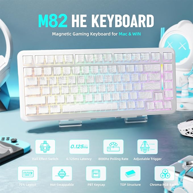 MAMBASNAKE M82 HE 75% Wired Magnetic Keyboard with Adjustable Actuation 8000 Hz Polling Rate Hall Effect Switches Hot-SwapSide Printed PBT Topographic Keycaps Gaming Keyboard for FPS Games-White