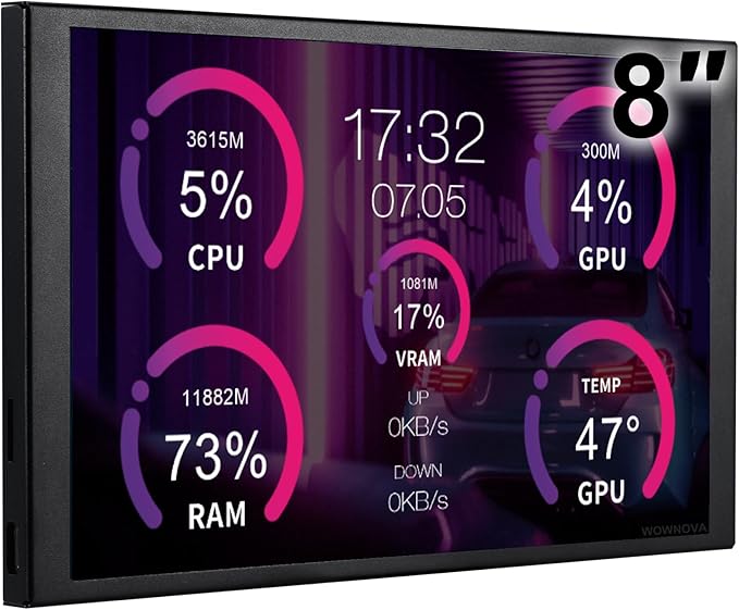 WOWNOVA 8 Inch LCD Screen Inside PC Case Screen (Desktop Mode Added) 1 Click 1 Cable to Get Started Computer Temperature Display Monitor Sensor Panel for Inside PC Case with Screen (Black)