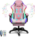 Ergonomic Gaming Chair Computer Chair with RGB LED Lights and Speakers Office Chair PU Leather Massage Swivel Recliner Chair with Footrest Lumbar Support Headrest ArmrestPink