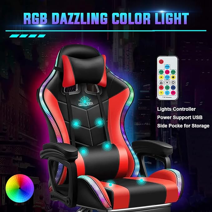 Massage Gaming Chair with Footrest Video Game Chair with Speakers and RGB LED Lights Ergonomic Pro High Back Computer Chair with Headrest &amp Lumbar Support Height Adjustable Office ChairWhite