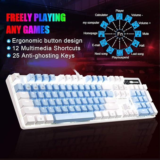 MageGee Mechanical Gaming Keyboard New Upgraded Blue Switch 104 Keys White Backlit Keyboards USB Wired Mechanical Computer Keyboard for Laptop Desktop PC Gamers(White &amp Blue)