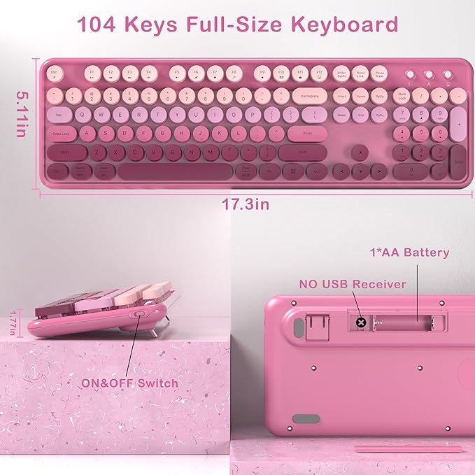 Colorful Wireless Keyboard and Mouse Combo COVEVA 2.4GHz Wireless Retro Cute Round Keycaps Keyboard 104 Keys Full-Sized Keyboard Mouse Set with Switch Button for PC Laptop Desktop (Pink Gradient)