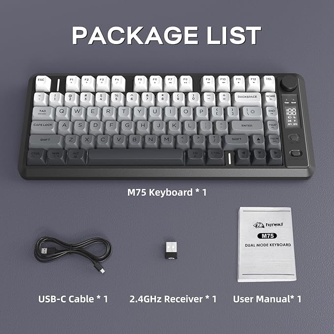 M75 Wireless Mechanical Feel Gaming Keyboard Bluetooth/2.4Ghz Membrane with Knob &amp OLED Display Rainbow Backlit Gradient PBT Keycaps 2000mAH Battery Anti-Ghosting-Moonnight