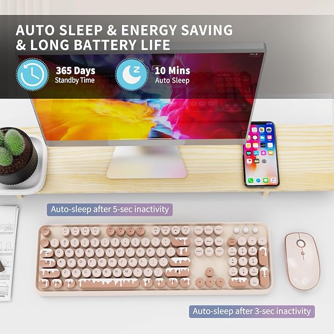 Wireless Keyboard and Mouse Combo 2.4 GHz Wireless Full-Sized Typewriter Keyboard with Round Keycaps for Windows Computer Desktop PC Laptop (Ice Cream)