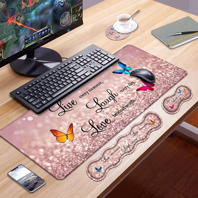 Ergonomic Keyboard Wrist Rest &amp Mouse Pad Wrist Rest Set Large XXL Gaming Desk Mat 31.5x 11.8 Non-Slip Base Memory Foam Easy Typing Pain Relief for Office &amp Home Glitter Quote Live Laug