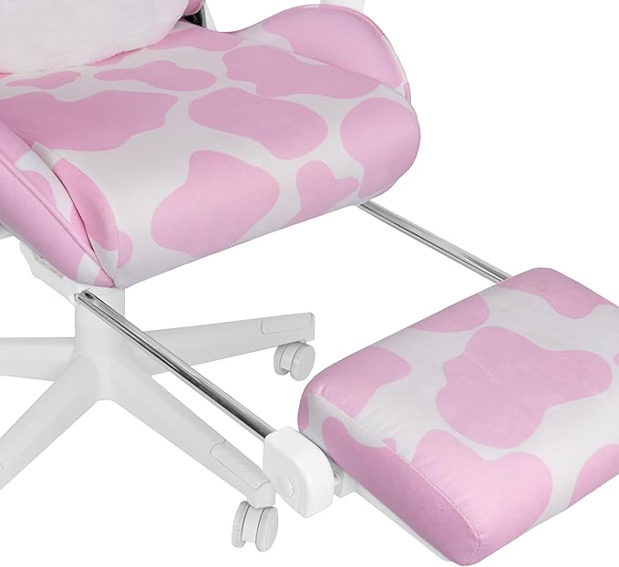 Techni Sport Gaming Chair - Pink Cow Print - Ergonomic Computer Chair with Fold-Away Footrest Memory Foam Lumbar Support Adjustable Armrests Reclining Back Horns &amp Ears Pillow 300 lbs Capaci