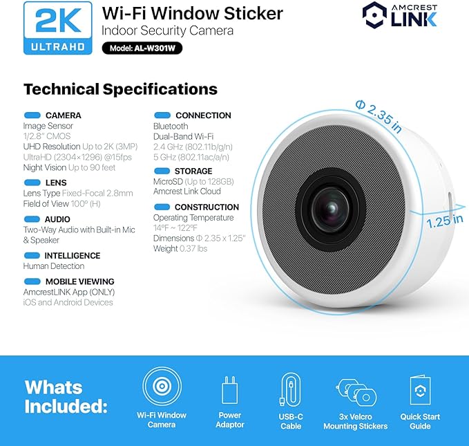 Amcrest Link 3MP 2K Window Camera 2.4GHz&amp5GHz WiFi Indoor Camera AI Human &amp Motion Detection Wide Angle 100° FOV Night Vision 2-Way Audio Wired Power Supports MicroSD Upto 128GB