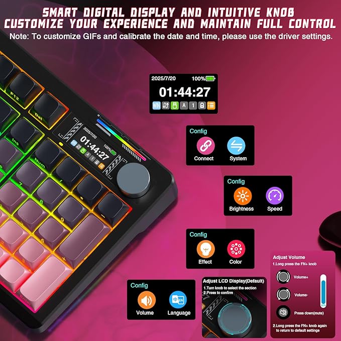 LINGBAO K98 PRO Mechanical Keyboard Wireless with Screen &amp KnobRGB Gaming Keyboard Tri-Mode BT5.0/2.4GHz/USB-C Gasket Mount Hot-Swappable Linear Switches Gamer Keyboards for PC/Mac/Linux/Andro