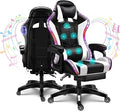 LED Gaming Chair Ergonomic Massage Racing Computer Chairs High Back Video Game Chairs with Speakers PU Leather with Footrest Headrest Lumbar Support Office Desk Chair for Adults TeensWhite