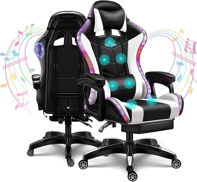 LED Gaming Chair Ergonomic Massage Racing Computer Chairs High Back Video Game Chairs with Speakers PU Leather with Footrest Headrest Lumbar Support Office Desk Chair for Adults TeensWhite