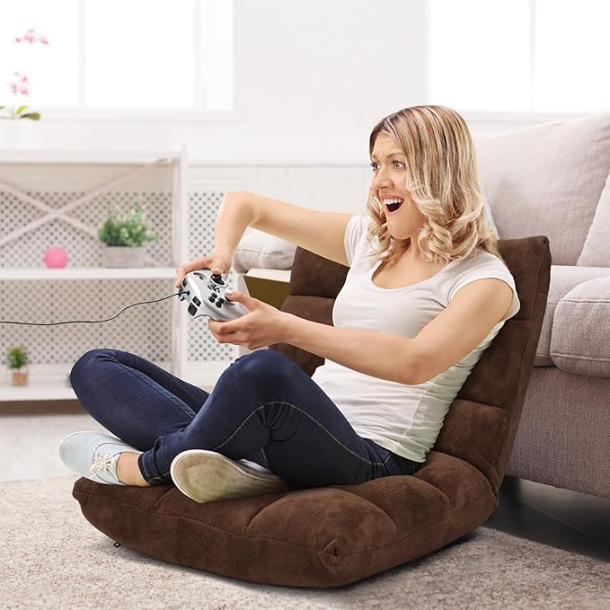 RELAX4LIFE Floor Chair with Back Support - 14-Position Adjustable Lazy Sofa Chair Padded Sleeper Bed &amp Couch Recliner for Reading Meditation Folding Floor Gaming Chair for Adults (Brown)