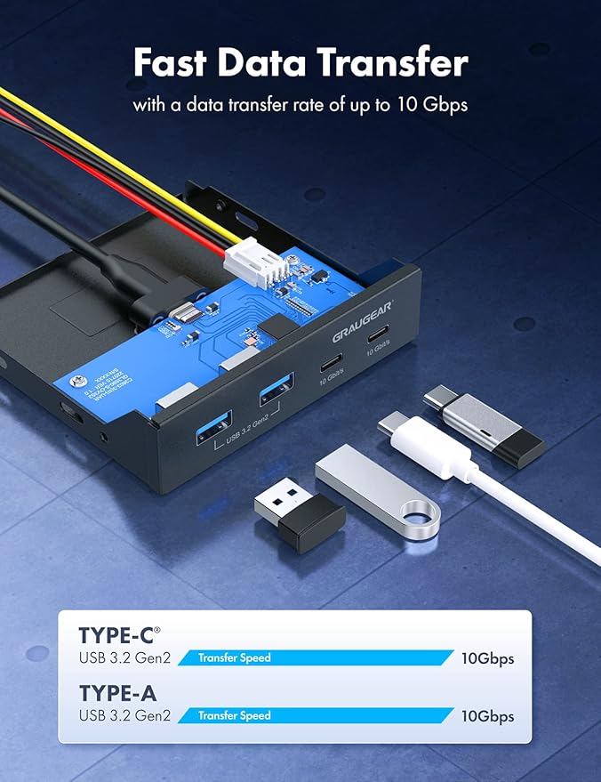 GRAUGEAR 3.5 Inch Front Panel Hub 4 Ports Internal Metal USB Hub 2X USB-C 10Gbps and 2X USB 3.2 Gen 2 Ports USB3.2 Type-E Key-A 20-Pin Header &amp 15-Pin SATA Power Connector Required [G-MP02]