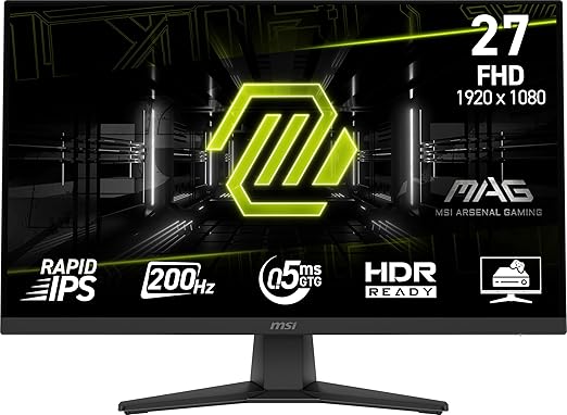 msi MAG 272F 27-inch 1920 x 1080 (FHD) Gaming Office Monitor 200Hz Adaptive Sync HDR Ready HDMI VGA Port VESA Mountable Tilt 4-Side Slim Bezel0.5ms Black