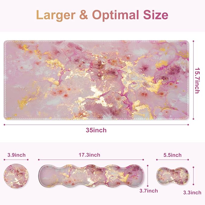 Gaming Mouse Pad Keyboard Wrist Support 4 in1 Mousepad Set with Wrist Keyboard Rest Computer Desk Mat Non-Slip Desk Pad Protector with Memory Foam Easy Typing Pain Relief I Nice Pink Marble