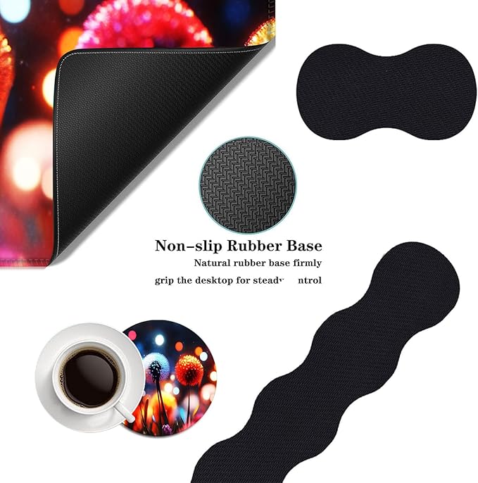 Mouse PadLarge Desk Mat Set 4in1 XL Mousepad + Keyboard Wrist Rest+Mouse Wrist Rest+Coaster with Ergonomic Desk Pad for Home Office Table Computer Cover -Colorful Glowing Dandelions