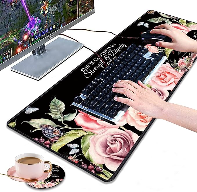 Desk Pad Gaming Mouse Pad + Wrist Rest Support Pad + Coaster 31.5 × 11.8 Durable Non-Slip Extended Computer Mouse Pad Suitable for Office and Home Bible Verses Proverbs 31:25