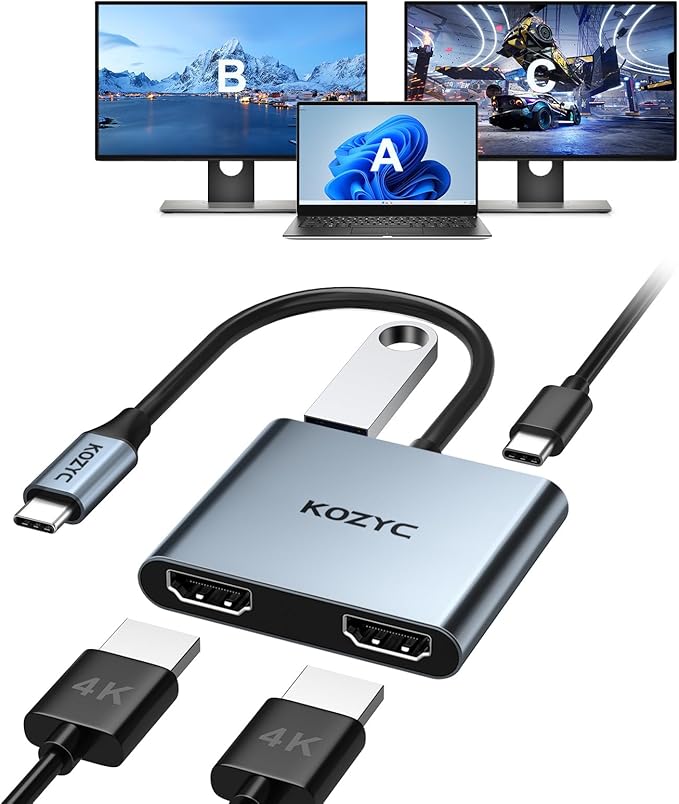 USB C to Dual HDMI Adapter 4K@30Hz KOZYC USB C Hub Multiport Adapter with 2xHDMI USB 3.0 100W PD Support USB C to HDMI Splitter Extended Display for MacBook Pro (MST is not Supported on MacOS)