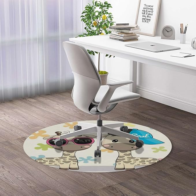 Multicolor Office Gaming Rolling Floor Mat Cartoon Romantic Couple Giraffes Multi-Purpose Computer Desk Chair Mat for Gaming Large Anti-Slip Floor Protector for Home Office Animal Diameter 39.4 in