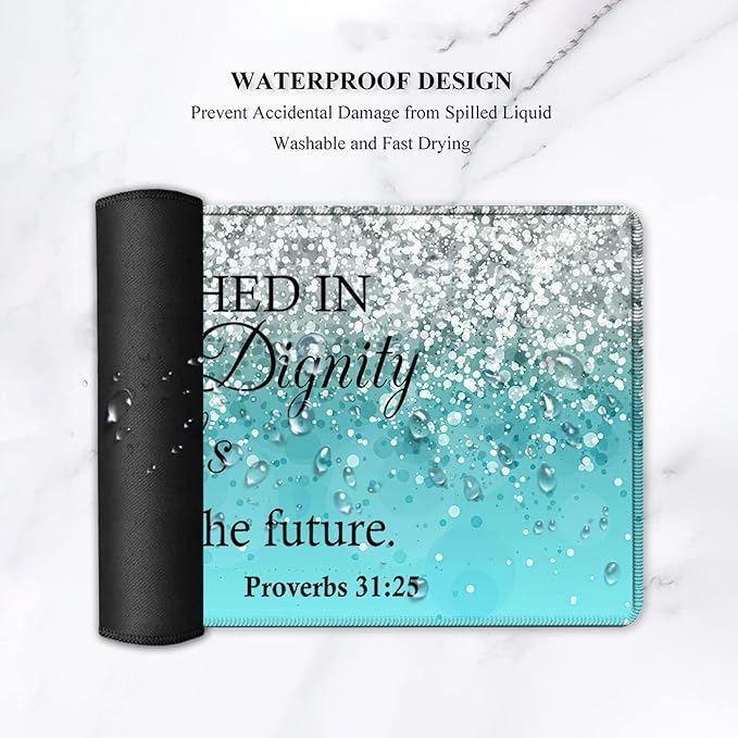 Gaming Mouse PadLarge Mouse Pad with Stitched EdgeNon-Slip Base Office Desk Pad Ergonomic Keyboard Wrist Rest SetWaterproof Writing Pad Proverbs 31：25 Bible Blue Glitter Extended Desk Mat
