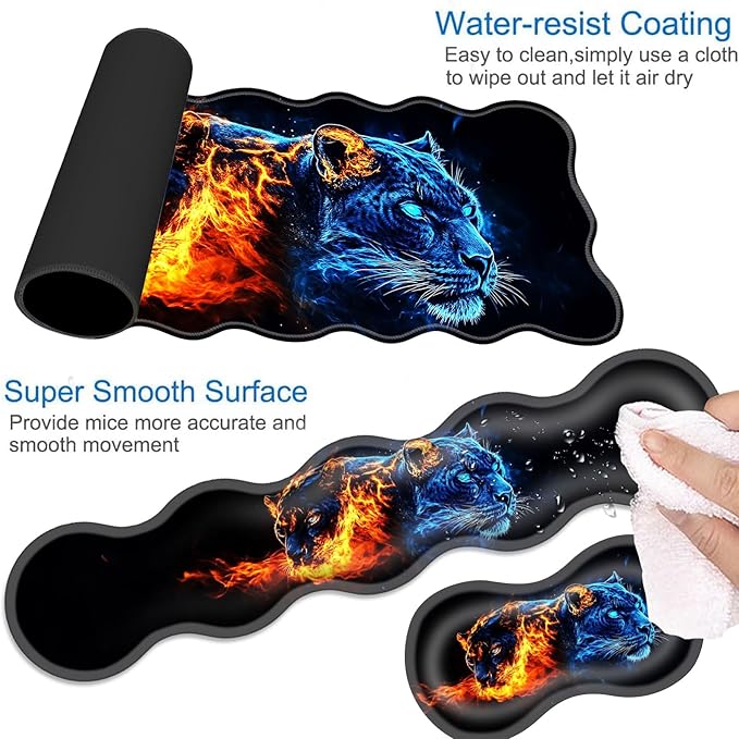 Desk Mat Mouse Pad with Wrist Rest 4-in-1 Large Mouse Pads for Desk Ergonomic Mouse Pad and Keyboard Wrist Rest Gaming Keyboard Mat for OfficeFire Tiger
