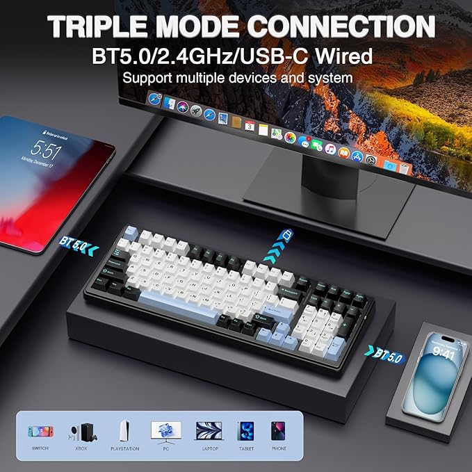AULA F99 Wireless Mechanical KeyboardTri-Mode BT5.0/2.4GHz/USB-C Hot Swappable Custom KeyboardPre-lubed Linear SwitchesRGB Backlit Gaming Keyboards for PC/Tablet/Xbox/PS4/PS5 (Renewed)