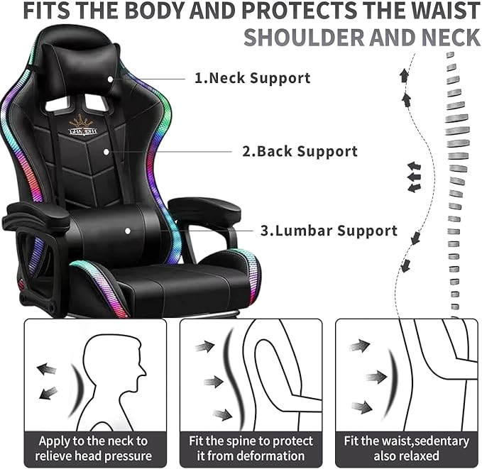 LED Gaming Chair Ergonomic Massage Racing Computer Chairs High Back Video Game Chairs with Speakers PU Leather with Footrest Headrest Lumbar Support Office Desk Chair for Adults TeensPink