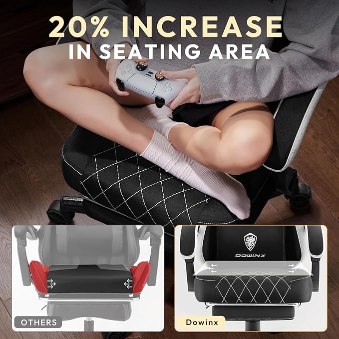 Dowinx Fabric Gaming Chair Computer Office Chair with Pocket Spring Cushions and Lumbar Support Ergonomic Massage Gaming Chairs with Footrest for Big and Tall Black